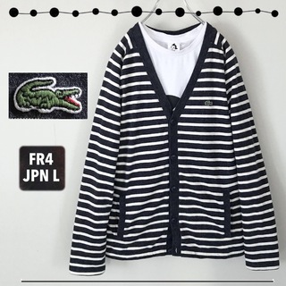 ラコステ(LACOSTE)のラコステ★カーディガン型ロンT★インディゴボーダー★ワンポイントロゴ★サイズ4(Tシャツ/カットソー(七分/長袖))