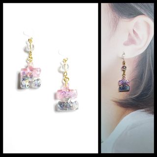 No.1385-F　ジグソーパズル☆ピアス・イヤリング(ピンク/グレー)(ピアス)