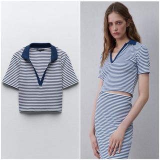 ZARA - 新品 ZARA 襟付き ボーダー リブ ポロシャツ