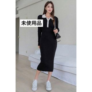 シーイン(SHEIN)の【未使用品】DAZY コントラストカラー ブラック ニットワンピース SHEIN(ロングワンピース/マキシワンピース)