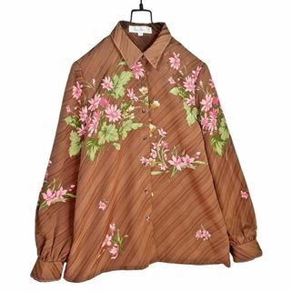 ヴィンテージ(VINTAGE)のヴィンテージ ストライプ花柄 和柄 シャツブラウス 長袖 ブラウン L レトロ(シャツ/ブラウス(長袖/七分))