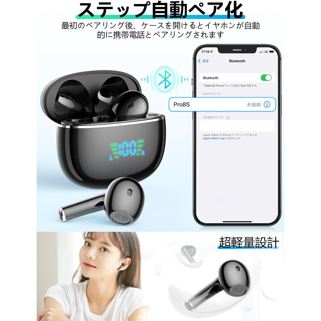 【Bluetooth 5.3・2024新登場】 ワイヤレスイヤホン スマホ/家電/カメラのオーディオ機器(ヘッドフォン/イヤフォン)の商品写真