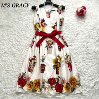 エムズグレイシー(M'S GRACY)の【美品】M'S GRACY ワンピース　リアルフラワー　リボンベルト　38(ひざ丈ワンピース)