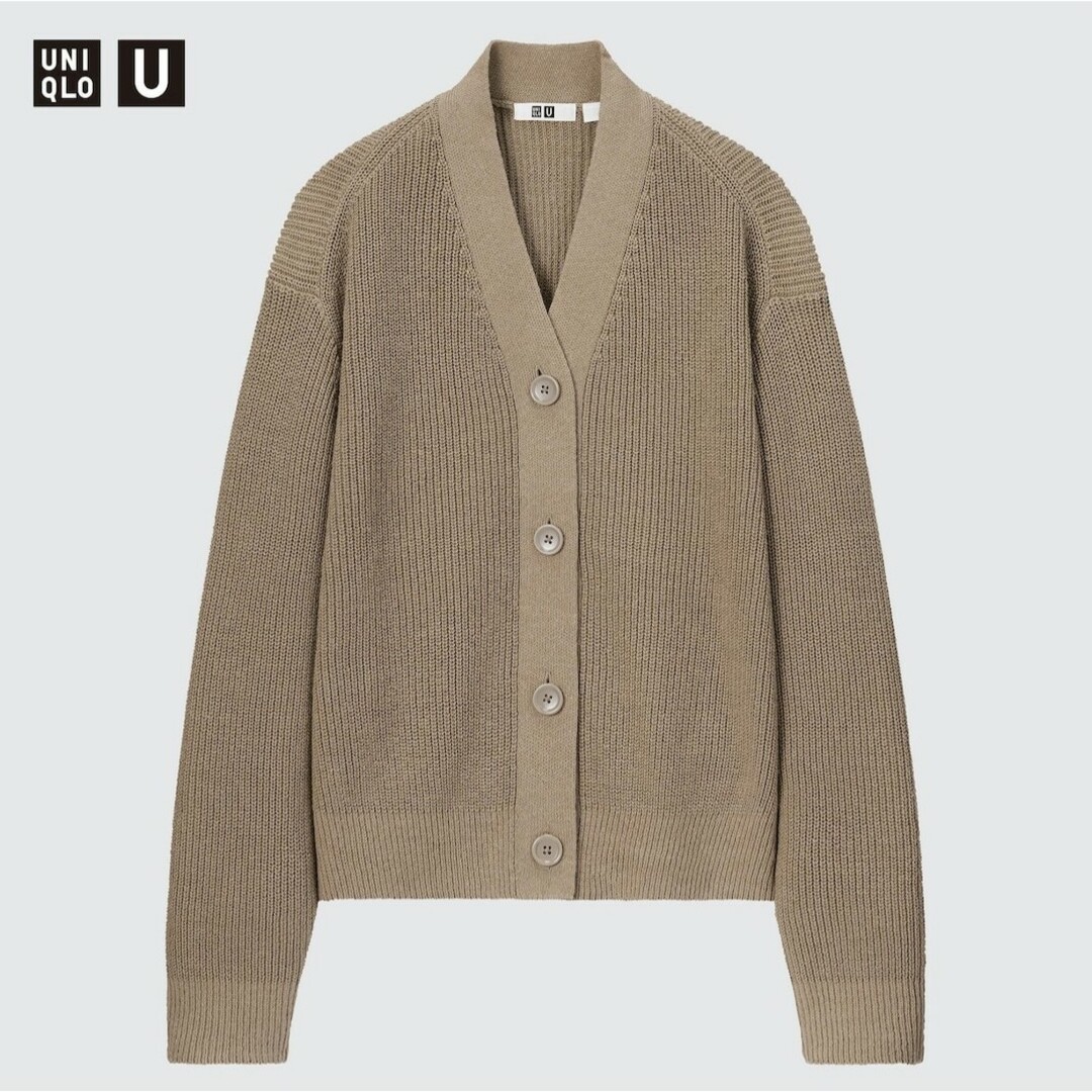 UNIQLO(ユニクロ)のユニクロ　リブカーディガン　カーキー　XL　コットンリネン レディースのトップス(カーディガン)の商品写真