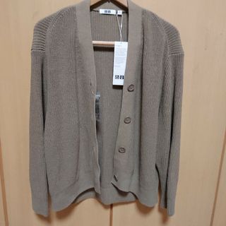 ユニクロ(UNIQLO)のユニクロ　リブカーディガン　カーキー　XL　コットンリネン(カーディガン)