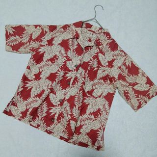 【美品】アロハシャツ　レディース　 半袖シャツ　パイン柄　赤茶色系　沖(シャツ/ブラウス(半袖/袖なし))