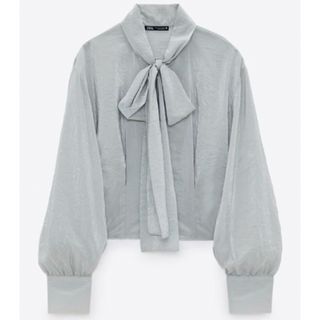 ザラ(ZARA)の新品未使用 ZARA ザラ タイネック サテン リボンブラウス グレー(シャツ/ブラウス(長袖/七分))