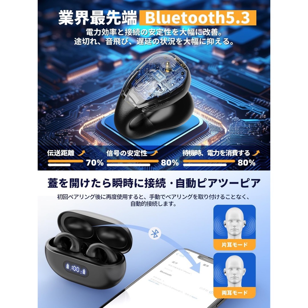 ワイヤレスイヤホン イヤーカフ型 Bluetooth 耳挟式 骨伝導　イヤホン スマホ/家電/カメラのオーディオ機器(ヘッドフォン/イヤフォン)の商品写真