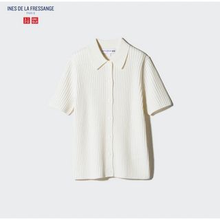 ユニクロ(UNIQLO)のユニクロ リブポロカーディガン ホワイト L(カーディガン)