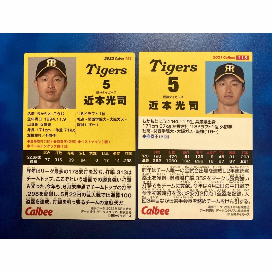 阪神　近本光司　カルビー　プロ野球チップス　レギュラーカード　2種 エンタメ/ホビーのトレーディングカード(シングルカード)の商品写真