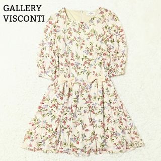 GALLERY VISCONTI - 美品 ギャラリービスコンティ 膝丈ワンピース 花柄 リボン M アイボリー