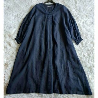 ネストローブ(nest Robe)のネストローブ ワンピース 麻100％ ギャザー ロング フレア 紺 F ゆったり(ロングワンピース/マキシワンピース)