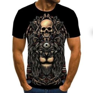 【再入荷】Tシャツ　3D　ライオン　骸骨　半袖　男性　L　ブラック　プリント