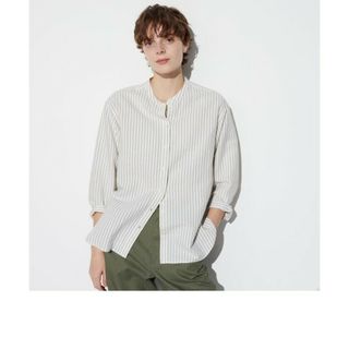 UNIQLO - ユニクロ　リネンブレンドストライプバンドカラーシャツ　シャツ　ブラウス　7分袖