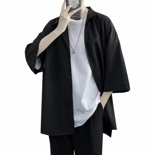 夏服メンズ シャツ メンズ 半袖 ファッション シャツ 黒　Ｌ(シャツ)