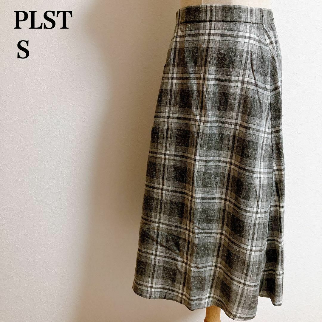 PLST(プラステ)のPLST プラステ　膝丈ウィンドウペンチェックスカート　麻　グレー　灰　S レディースのスカート(ひざ丈スカート)の商品写真