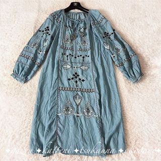 ザラ(ZARA)のザラ ロングワンピース 総柄 民族 ボヘミアン リボン ゆったり ブルー S(ロングワンピース/マキシワンピース)