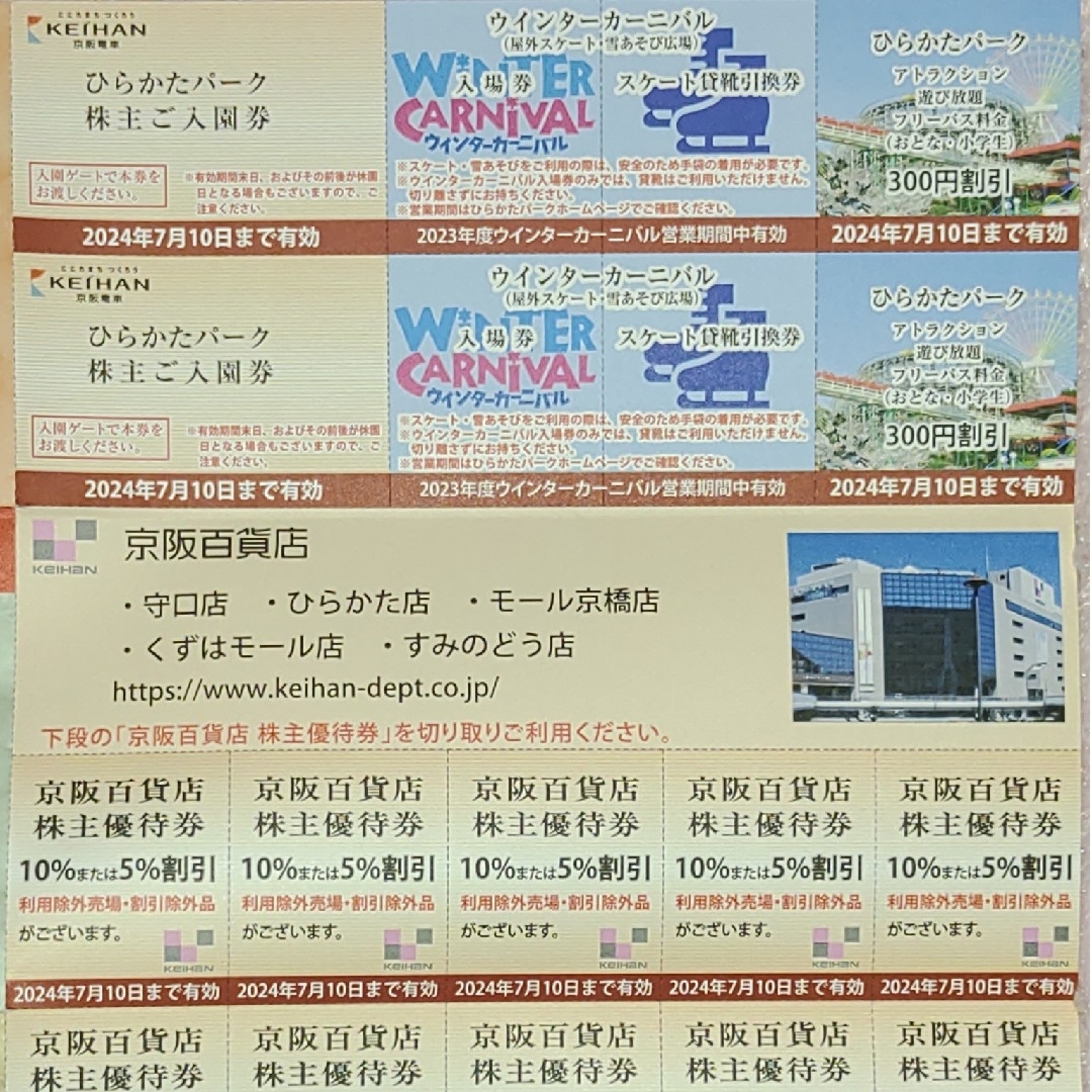 京阪百貨店(ケイハンヒャッカテン)のひらかたパーク入園券２枚！★京阪株主優待カード+クーポン多数！(乗車券除く) チケットの施設利用券(遊園地/テーマパーク)の商品写真