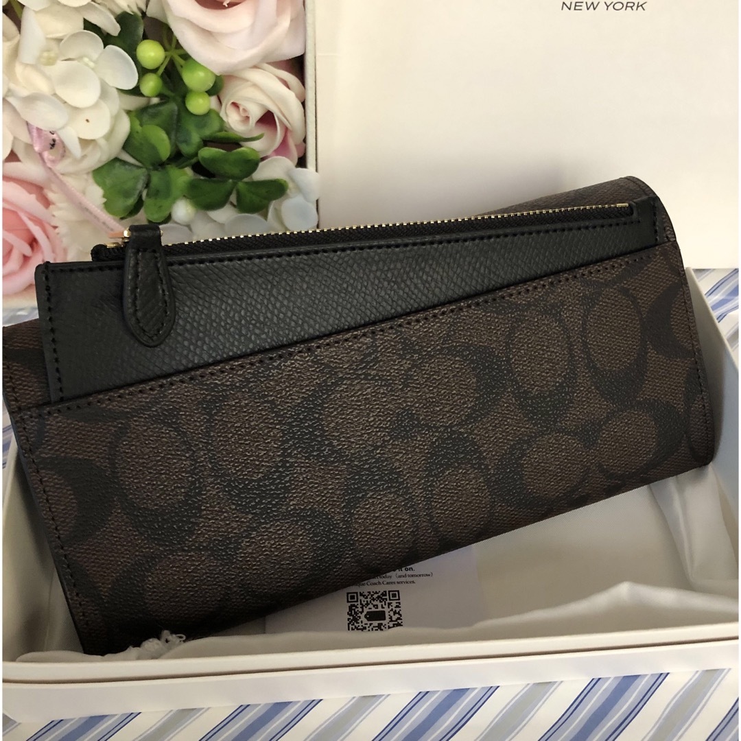 新品未使用　COACHコーチ長財布　折り長財布　エンベロープ黒茶色　ポーチ付き