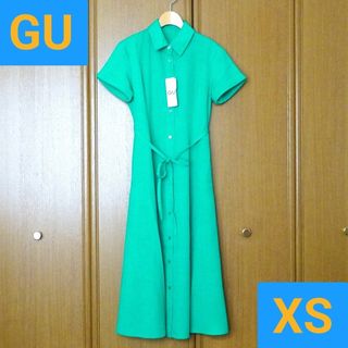 ジーユー(GU)のタグ付】GU・シーユー 半袖カラーシャツワンピース XS 5号 グリーン(ロングワンピース/マキシワンピース)