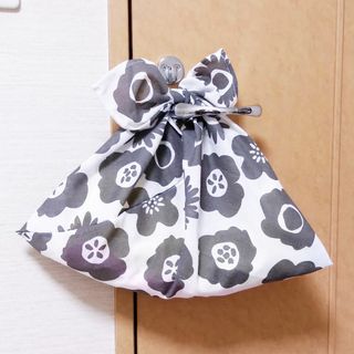 あずま袋〈グレー花柄〉エコバッグ、バッグインバッグ　ハンドメイド(エコバッグ)