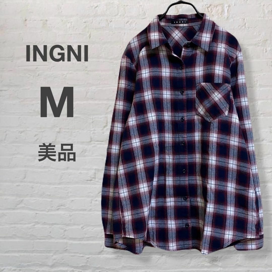 INGNI(イング)の美品　INGNI イング　チェック柄シャツ　ネルシャツ　ネイビー　赤　カジュアル レディースのトップス(シャツ/ブラウス(長袖/七分))の商品写真