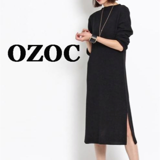 オゾック(OZOC)のオゾックOZOCリブニットサイドスリットワンピースブラック送料無料(ひざ丈ワンピース)