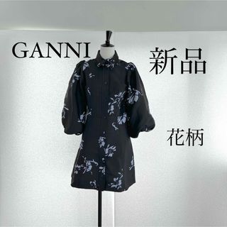 GANNI ガニー　花柄 ミニシャツワンピース　ブラウス　ブラック(ミニワンピース)