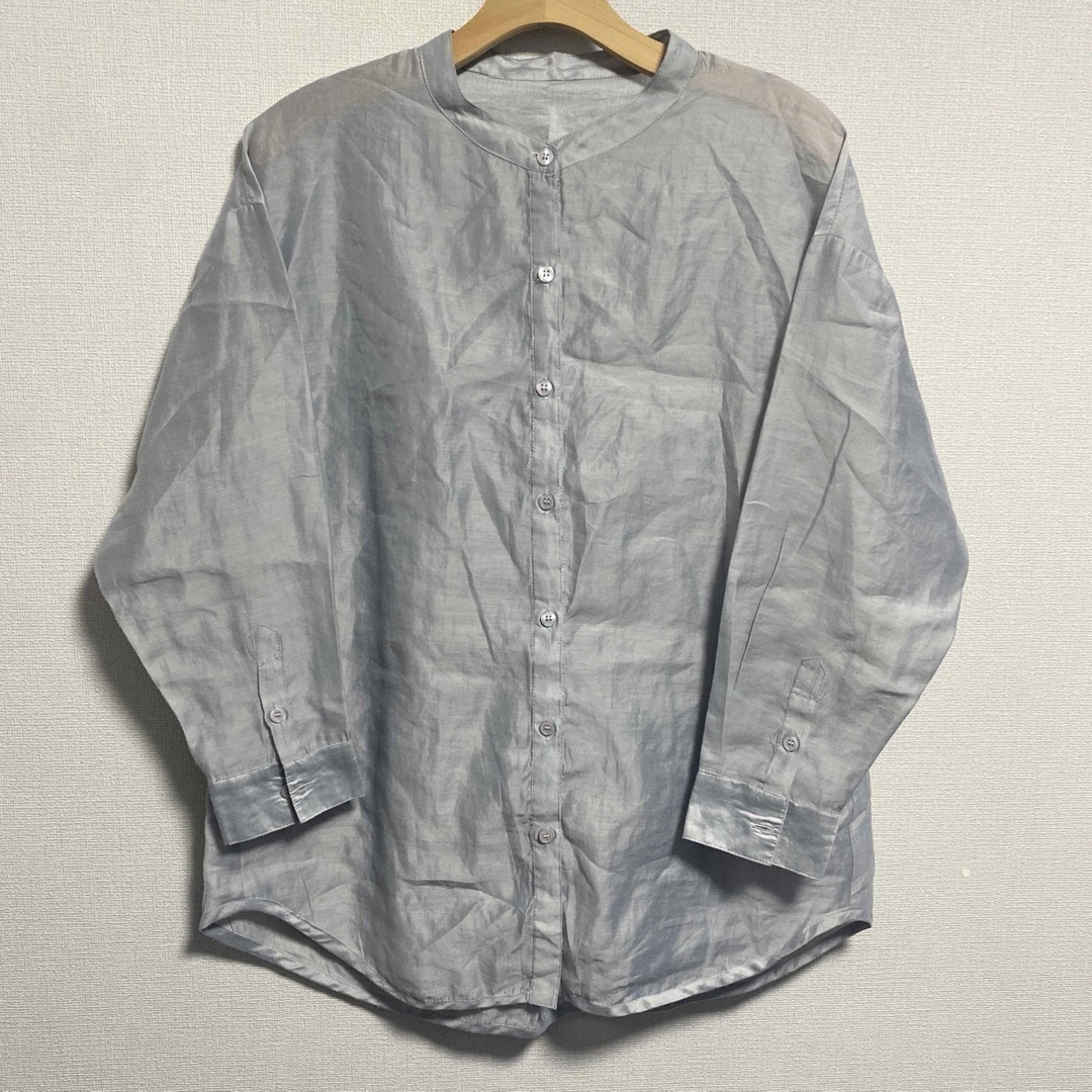 【シアーシャツ】M   パシオス　羽織　水色　グレー　ブルーグレー レディースのトップス(シャツ/ブラウス(長袖/七分))の商品写真