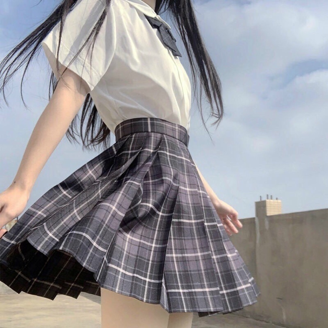 【制服XL】 高校 スカートリボン付き チェック柄 コスプレ 高校制服2点セット レディースのスカート(ひざ丈スカート)の商品写真