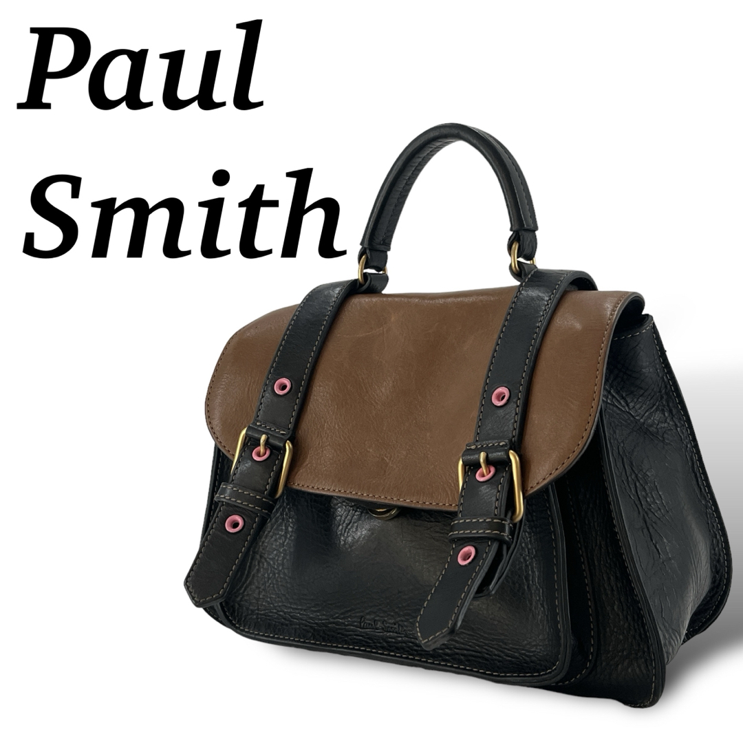 Paul Smith(ポールスミス)のポールスミス　ハンドバッグ　ロゴ型押し　ゴールド金具　バイカラー　黒茶　レザー レディースのバッグ(ハンドバッグ)の商品写真