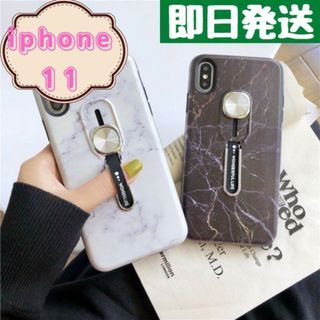 iPhoneケース 大理石 マーブル スマホリング フィンガーベルト 落下防止白(iPhoneケース)