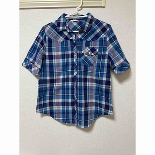 青チェックシャツ(シャツ/ブラウス(半袖/袖なし))