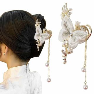 【色: E】OuJyO バンスクリップ蝶々パール 上品ヘアアクセサリー大人 和の(その他)