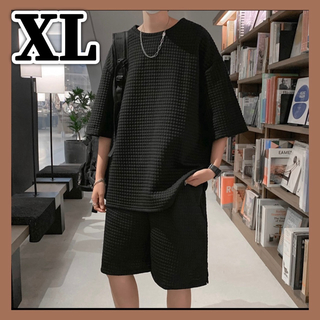 セットアップ　メンズ　上下セット　ハーフパンツ　部屋着　XL 黒(Tシャツ/カットソー(半袖/袖なし))