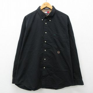 トミーヒルフィガー(TOMMY HILFIGER)のXL★古着 トミーヒルフィガー TOMMY HILFIGER 半袖 ブラント シャツ メンズ 90年代 90s ワンポイントロゴ 大きいサイズ コットン ボタンダウン 黒 ブラック 24apr23 中古 トップス(シャツ)