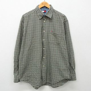 トミーヒルフィガー(TOMMY HILFIGER)のXL★古着 トミーヒルフィガー TOMMY HILFIGER 半袖 ブラント シャツ メンズ 90年代 90s ワンポイントロゴ 大きいサイズ コットン 緑他 グリーン チェック 24apr23 中古 トップス(シャツ)