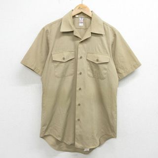 M★古着 半袖 ミリタリー シャツ メンズ 70年代 70s ロング丈 開襟 オープンカラー USA製 ベージュ カーキ 24apr23 中古 トップス(シャツ)