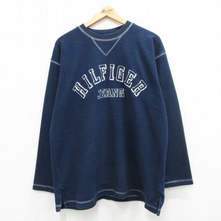 トミーヒルフィガー(TOMMY HILFIGER)のXL★古着 トミーヒルフィガー TOMMY HILFIGER トミージーンズ 長袖 トップス メンズ 90年代 90s ビッグロゴ クルーネック USA製 紺 ネイビー 【spe】 24apr23 中古 スエット トレーナー(その他)