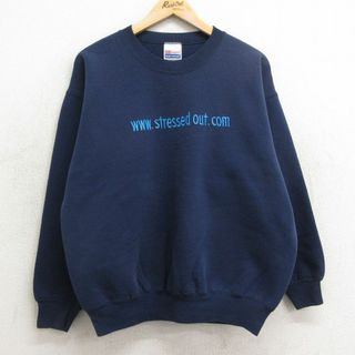 ヘインズ(Hanes)のXL★古着 ヘインズ Hanes 長袖 スウェット メンズ 00年代 00s Stressed Out 刺繍 クルーネック 紺 ネイビー 24apr23 中古 スエット トレーナー トップス(パーカー)