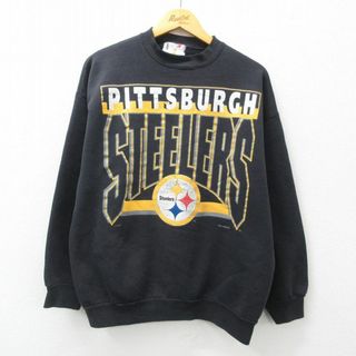 L★古着 長袖 スウェット メンズ 90年代 90s NFL ピッツバーグスティーラーズ クルーネック USA製 黒 ブラック アメフト スーパーボウル 24apr23 中古 スエット トレーナー トップス(パーカー)