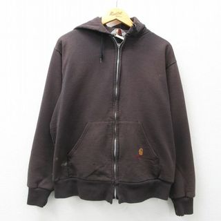 カーハートダブリューアイピー(Charhartt WIP)のL★古着 カーハート Carhartt 長袖 フルジップ スウェット パーカー メンズ 90年代 90s ワンポイントロゴ 茶 ブラウン 内側サーマル 【spe】 24apr23 中古 スエット トレーナー トップス(パーカー)