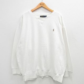 ラルフローレン(Ralph Lauren)のXL★古着 ラルフローレン Ralph Lauren 長袖 ブランド トップス メンズ ワンポイントロゴ 大きいサイズ コットン クルーネック 白 ホワイト 24apr23 中古 スエット トレーナー(その他)