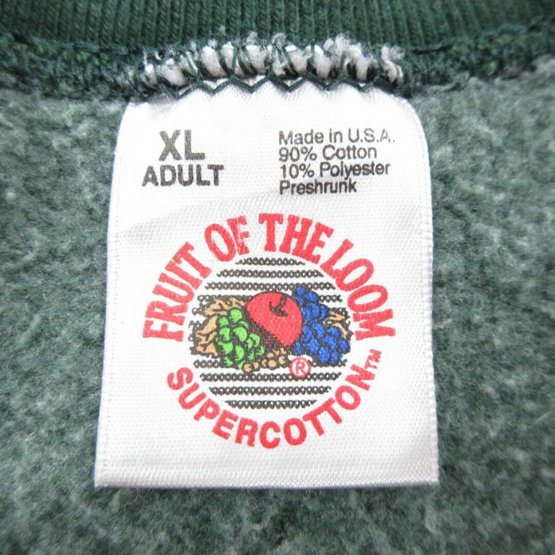 FRUIT OF THE LOOM(フルーツオブザルーム)のXL★古着 フルーツオブザルーム 長袖 スウェット メンズ 90年代 90s GENESEO 大きいサイズ クルーネック USA製 緑 グリーン 24apr23 中古 スエット トレーナー トップス メンズのトップス(パーカー)の商品写真