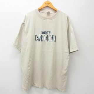 XL★古着 半袖 ビンテージ Tシャツ メンズ 90年代 90s ノースカロライナ 灯台 刺繍 大きいサイズ コットン クルーネック USA製 薄ベージュ カーキ 24apr23 中古(Tシャツ/カットソー(半袖/袖なし))