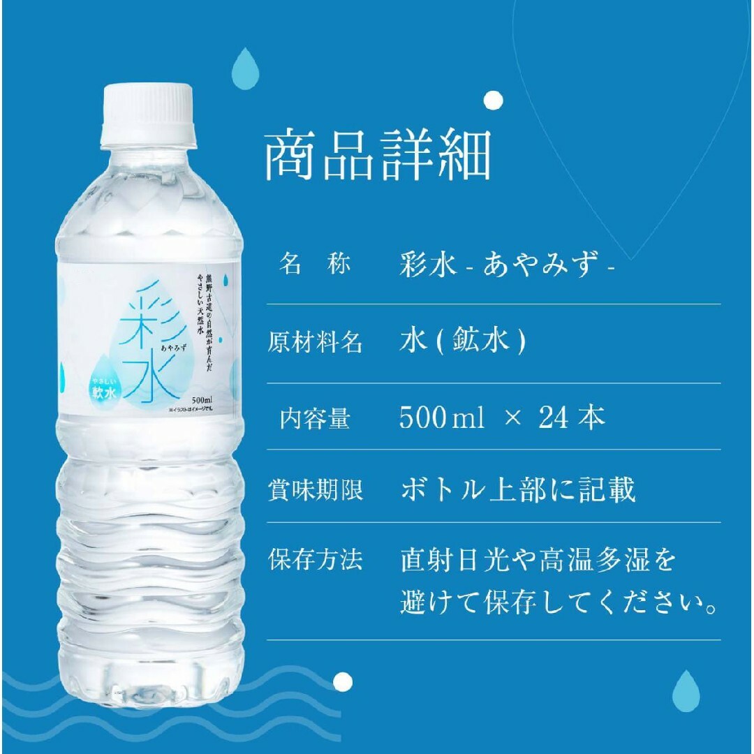 【24本】国産ミネラルウォーター 彩水-あやみず- 500ml 食品/飲料/酒の飲料(ミネラルウォーター)の商品写真