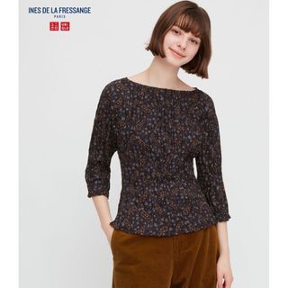 ユニクロ(UNIQLO)の新品 ユニクロ イネス ツイスト プリーツ ブラウス 七分袖（ネイビー柄）(シャツ/ブラウス(長袖/七分))