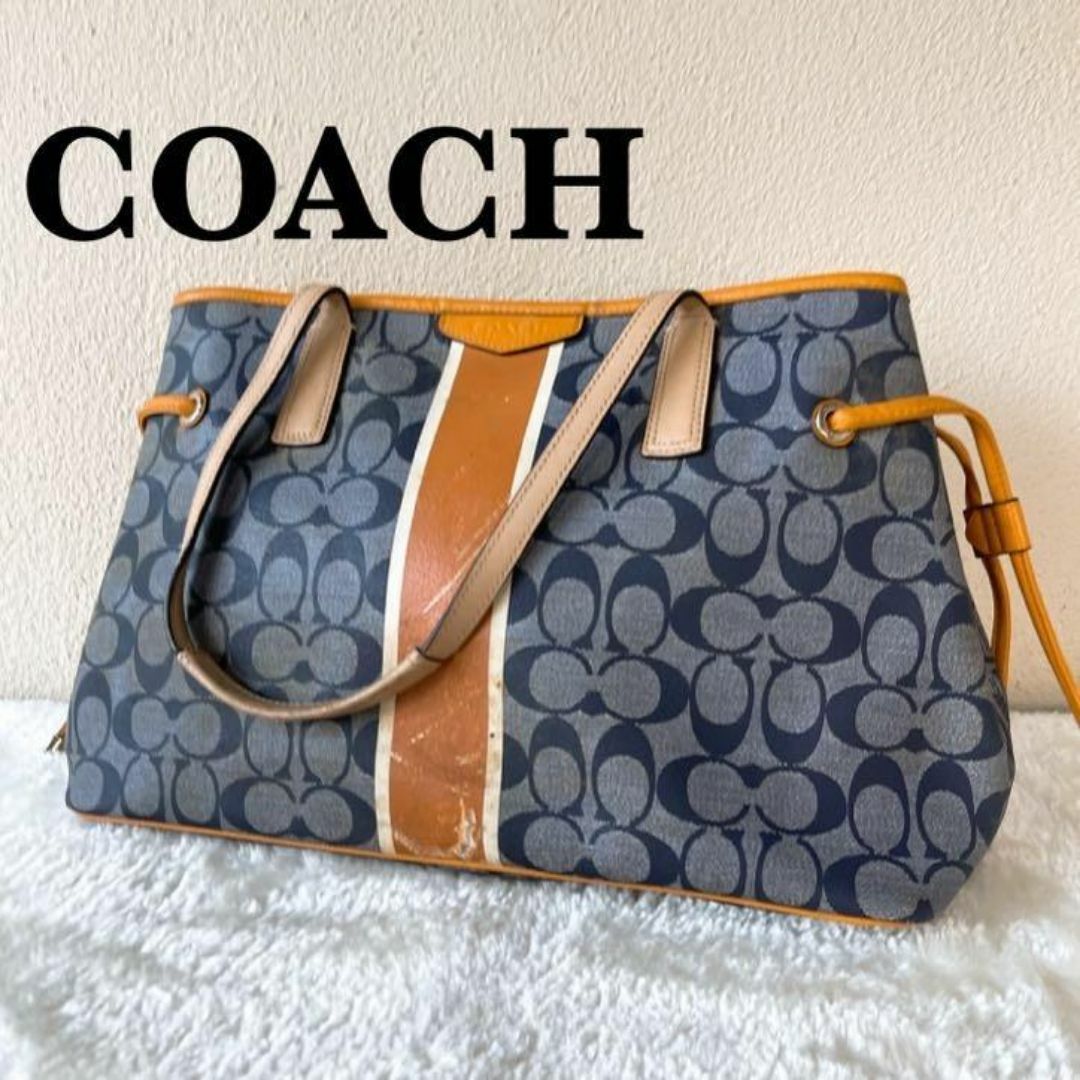 COACH(コーチ)の美品✨COACH コーチセミショルダーバッグトートバッグブルー青シグネチャー総柄 レディースのバッグ(ショルダーバッグ)の商品写真