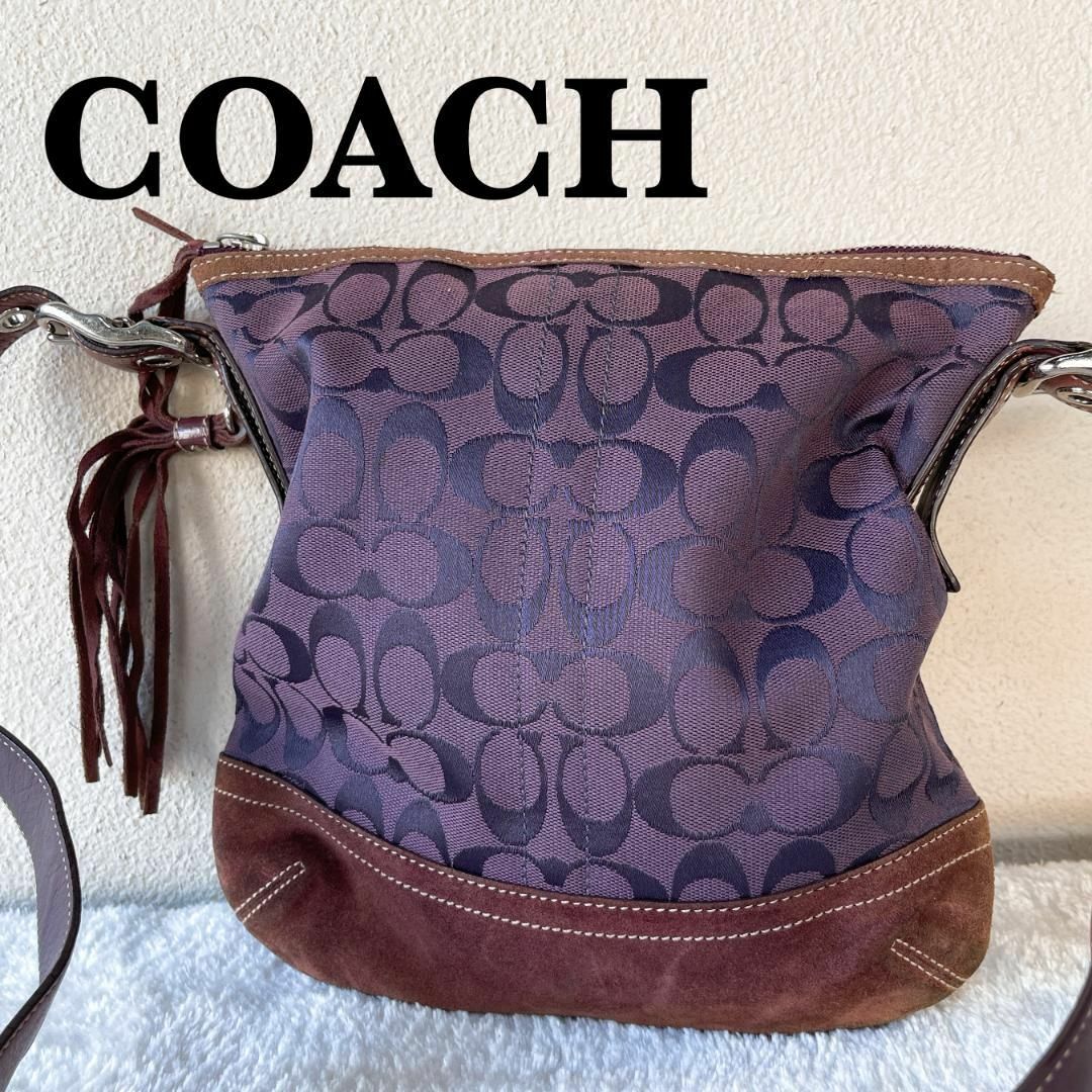 COACH(コーチ)の美品✨COACH コーチショルダーバッグハンドバッグパープル紫シグネチャー総柄 レディースのバッグ(ショルダーバッグ)の商品写真