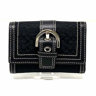 コーチ(COACH)のCOACH(コーチ) 3つ折り財布美品  ミニシグネチャー柄 黒 ジャガード×レザー(財布)